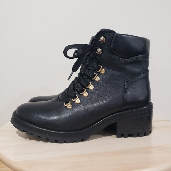 Steve Madden Grenada Boots Size 9 Moto Hiking Black Leather Lace up - Picture 3 of 14